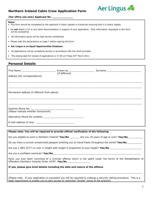 Cabin Crew Application Form - Aer Lingus