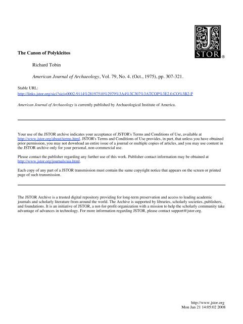 The Canon of Polykleitos Richard Tobin American Journal of ...