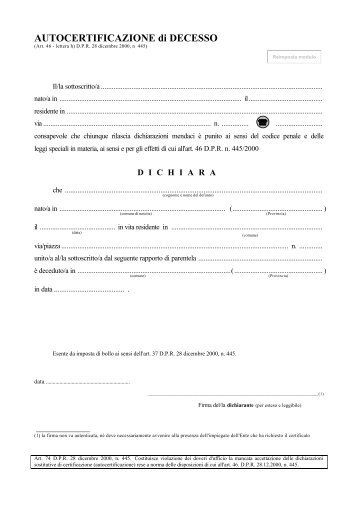 Decesso del coniuge, dell'ascendente o discendente - Comune di ...