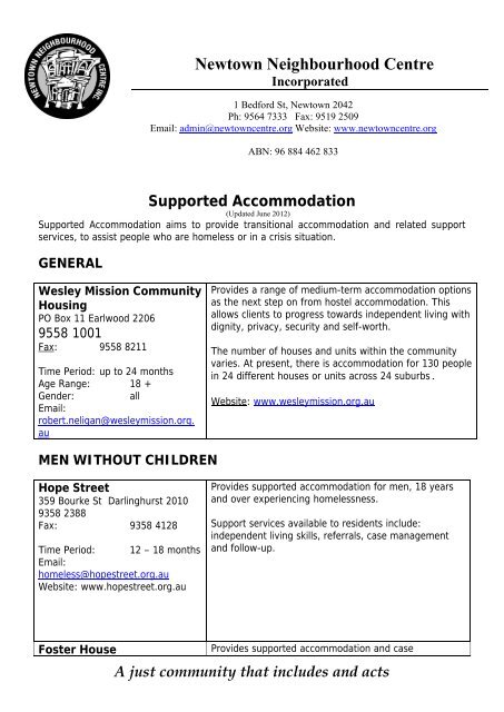 Supported Accommodation - Newtown Neighbourhood Centre