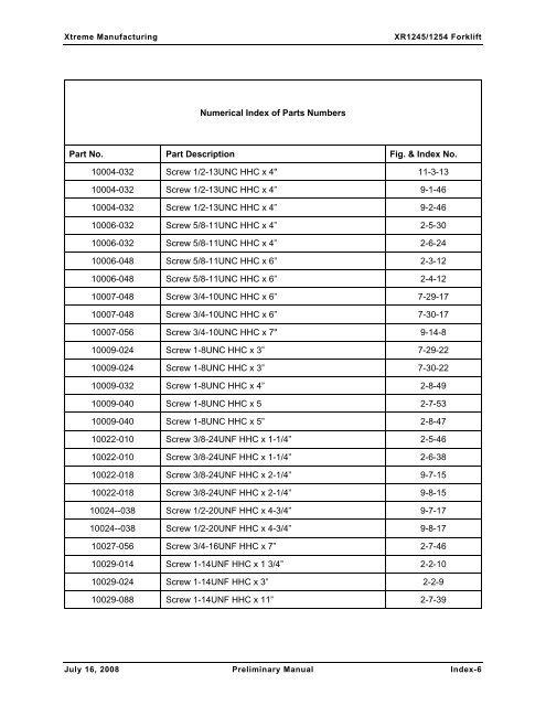 Numerical List of Parts Breakdowns â€“ Cont. - Xtreme Manufacturing