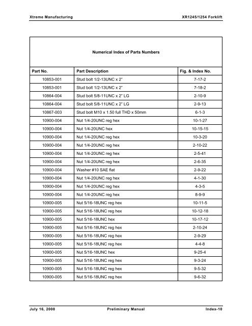 Numerical List of Parts Breakdowns â€“ Cont. - Xtreme Manufacturing