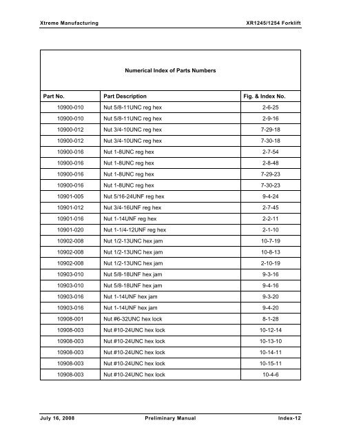 Numerical List of Parts Breakdowns â€“ Cont. - Xtreme Manufacturing