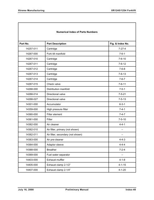 Numerical List of Parts Breakdowns â€“ Cont. - Xtreme Manufacturing