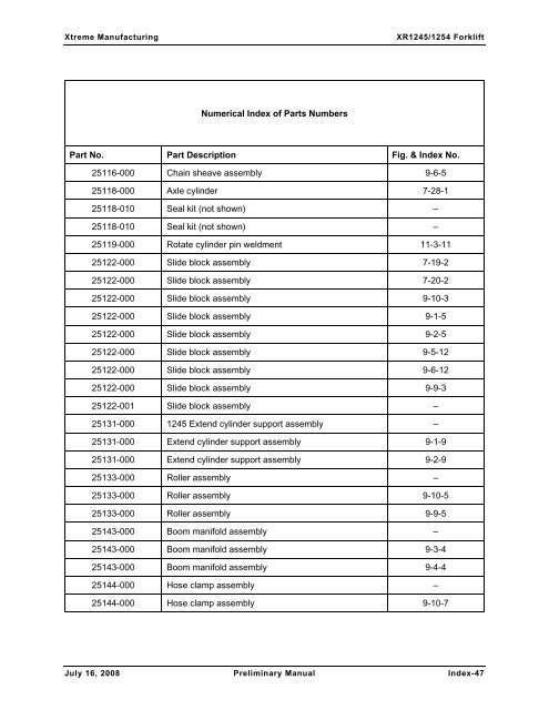 Numerical List of Parts Breakdowns â€“ Cont. - Xtreme Manufacturing