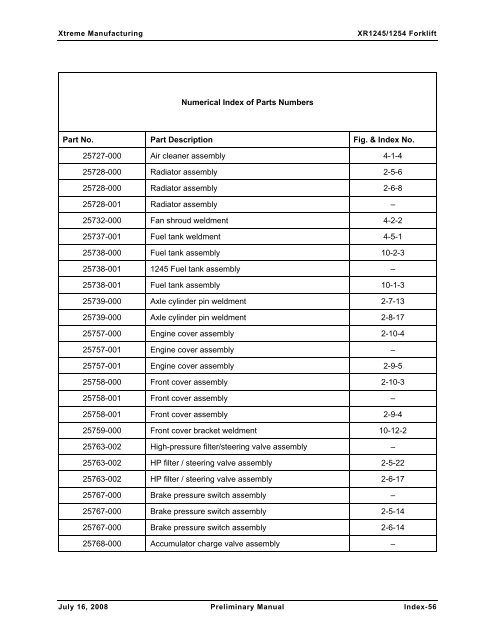 Numerical List of Parts Breakdowns â€“ Cont. - Xtreme Manufacturing