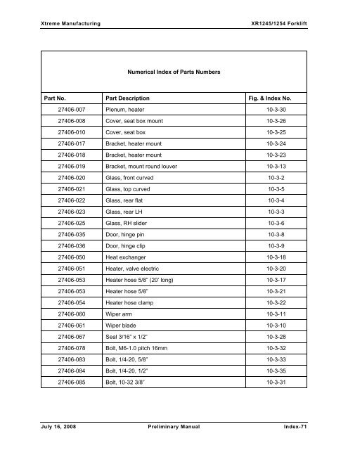 Numerical List of Parts Breakdowns â€“ Cont. - Xtreme Manufacturing