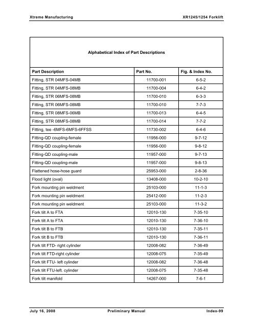 Numerical List of Parts Breakdowns â€“ Cont. - Xtreme Manufacturing