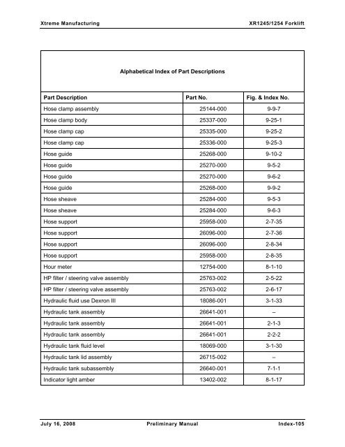 Numerical List of Parts Breakdowns â€“ Cont. - Xtreme Manufacturing