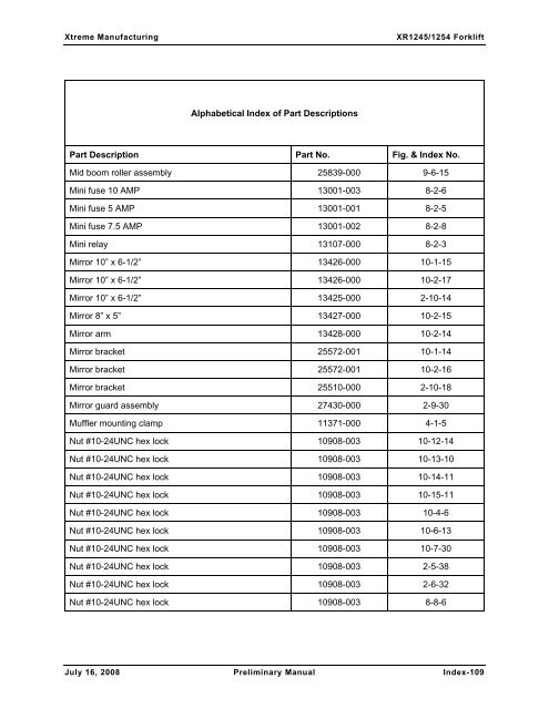 Numerical List of Parts Breakdowns â€“ Cont. - Xtreme Manufacturing