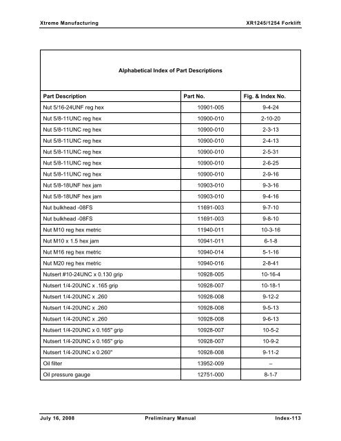 Numerical List of Parts Breakdowns â€“ Cont. - Xtreme Manufacturing