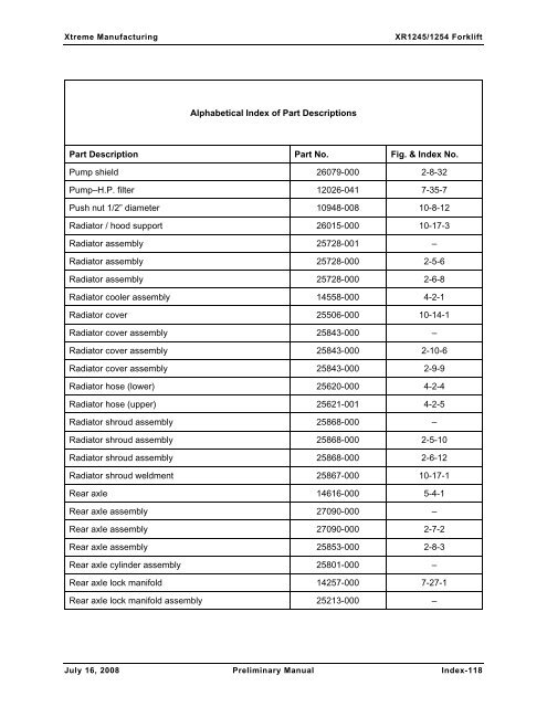 Numerical List of Parts Breakdowns â€“ Cont. - Xtreme Manufacturing