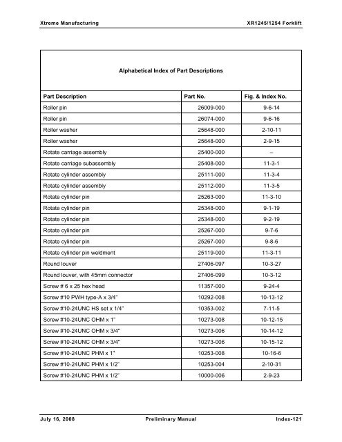 Numerical List of Parts Breakdowns â€“ Cont. - Xtreme Manufacturing