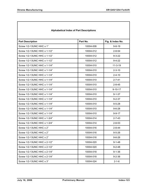 Numerical List of Parts Breakdowns â€“ Cont. - Xtreme Manufacturing