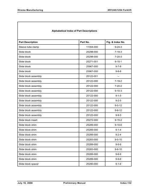 Numerical List of Parts Breakdowns â€“ Cont. - Xtreme Manufacturing