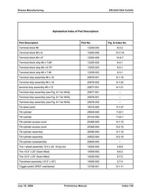 Numerical List of Parts Breakdowns â€“ Cont. - Xtreme Manufacturing