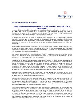 Humphreys baja clasificaciÃ³n de la lÃ­nea de bonos de Cintac S.A. a ...