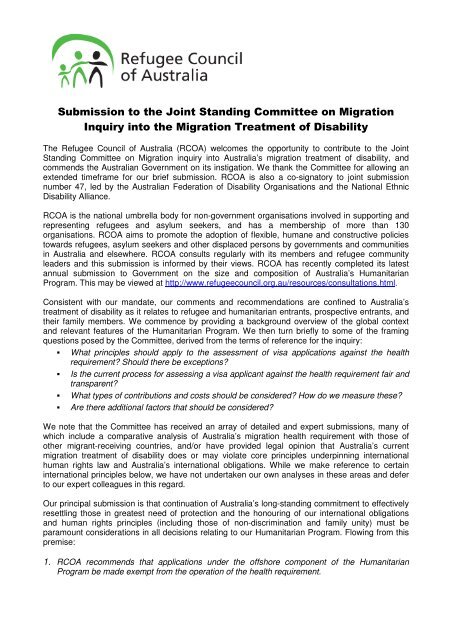 Migration Treatment of Disability - Refugee Council of Australia