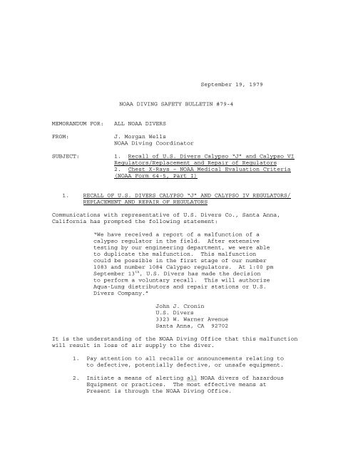 Recall of U.S. Divers Calypso 