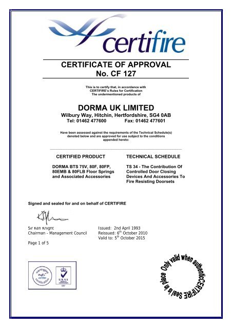 CERTIFICATE OF APPROVAL No. CF 127 DORMA UK ... - Safelincs