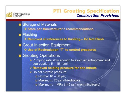 Update on PTI Grouting Specifications