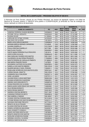 edital de classificaÃ§Ã£o â processo seletivo nÂº 006/2010 - Porto Ferreira