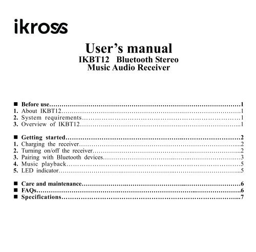 IKBT12 Bluetooth Stereo Music Audio Receiver User Guide - iKross