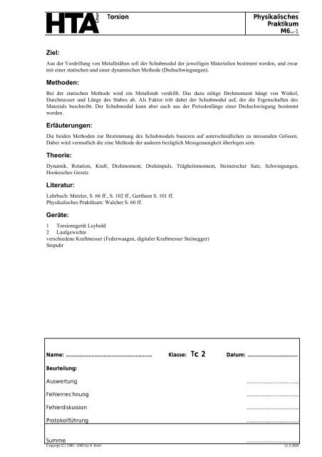 Torsion Physikalisches Praktikum M6..-1 Ziel: Methoden ... - hknoll.ch