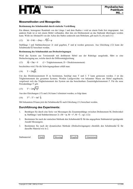 Torsion Physikalisches Praktikum M6..-1 Ziel: Methoden ... - hknoll.ch