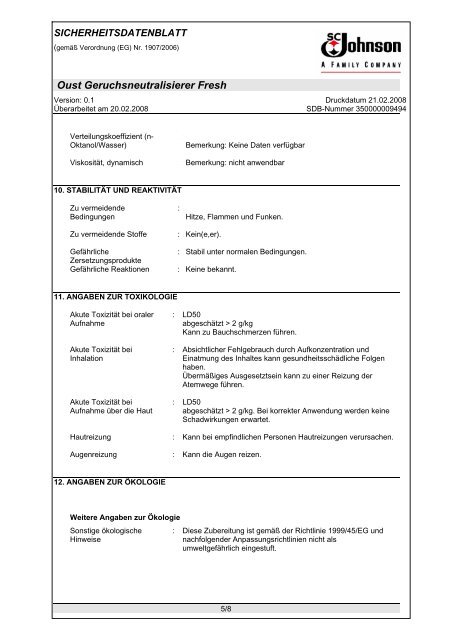 Oust Geruchsneutralisierer Fresh - SC Johnson Product Information