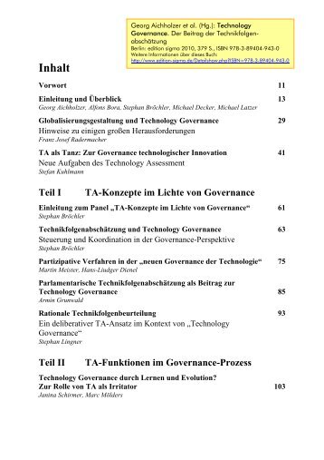 Aichholzer et al. (Hg.): Technology Governance 2010 - Inhalt