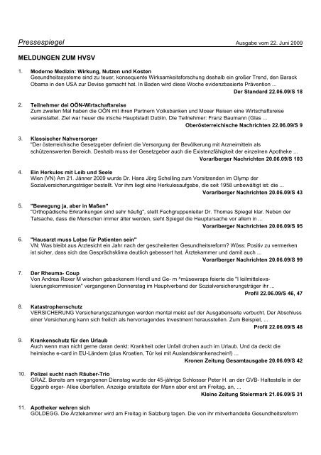 Pressespiegel Vom 22 Juni 09 Nr 131 Hauptverband