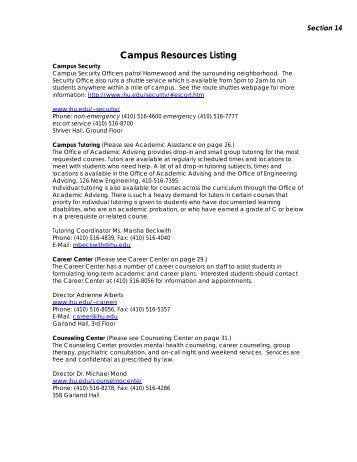 Campus Resources Listing - Johns Hopkins University Whiting ...