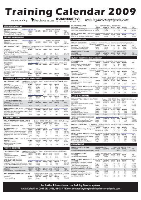 Training Calendar 2009 - FindaJobinAfrica