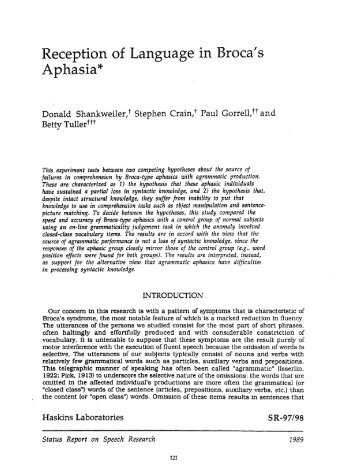Reception of Language in Broca's Aphasia* - Haskins Laboratories