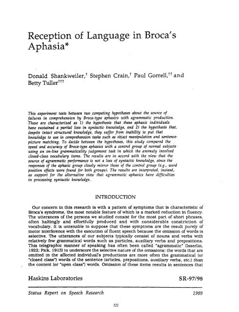 Reception of Language in Broca's Aphasia* - Haskins Laboratories