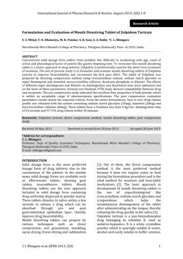 Formulation and Evaluation of Mouth Dissolving Tablet of Zolpidem ...