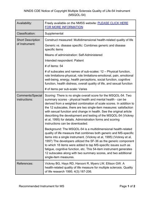 Multiple Sclerosis Quality of Life - NINDS Common Data Elements