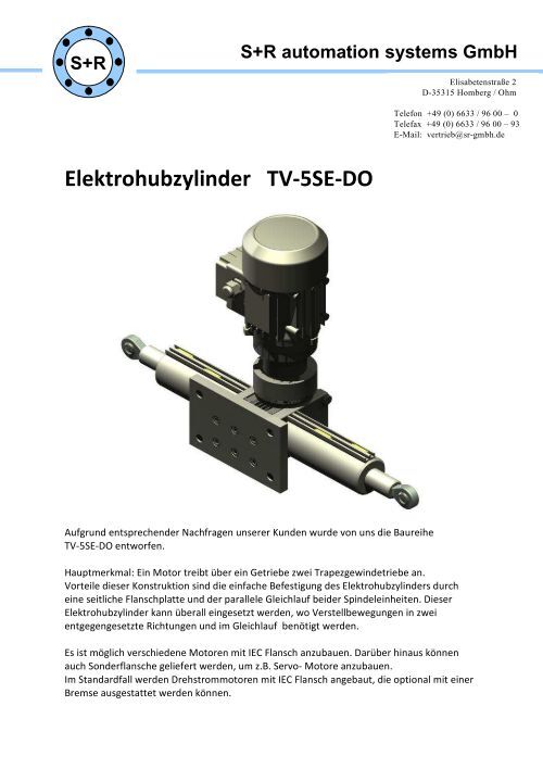 S R Automation Elektrohubzylinder TV-5SE-DO - S+R automation systems GmbH