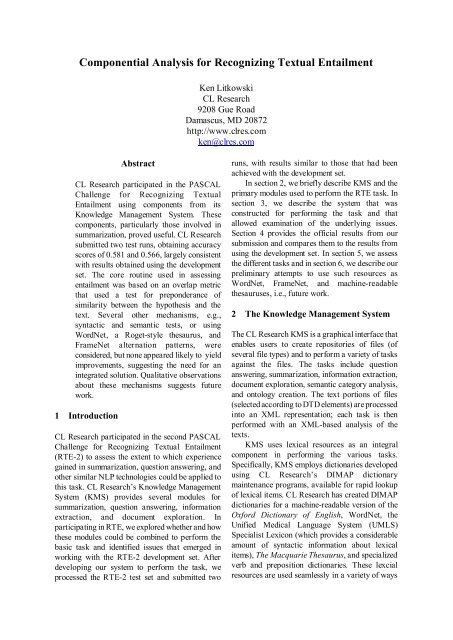 Componential Analysis for Recognizing Textual Entailment