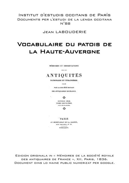 Vocabulaire du patois de la Haute-Auvergne - IEO ParÃ­s - Free