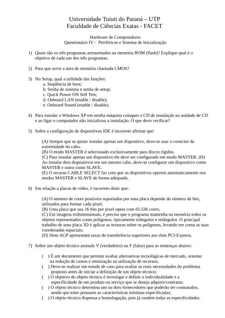 Questionario IV - Gerds - Universidade Tuiuti do Paraná