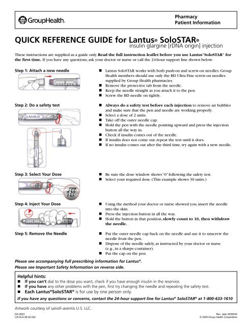 Quick Reference Guide for Lantus® SoloSTAR - Group Health ...