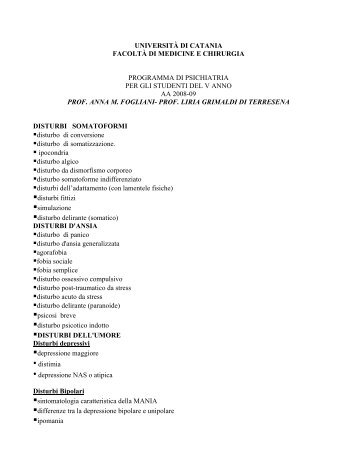 Psichiatria - prof.ssa Fogliani/Grimaldi di Terresena - Medicina