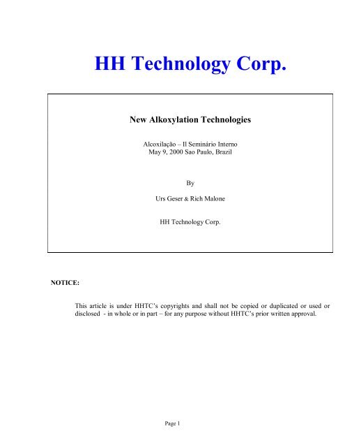 HH Technology Corp. New Alkoxylation Technologies