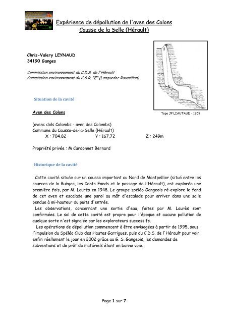 ExpÃ©rience de dÃ©pollution de l'aven des Colons Causse de ... - Arspan