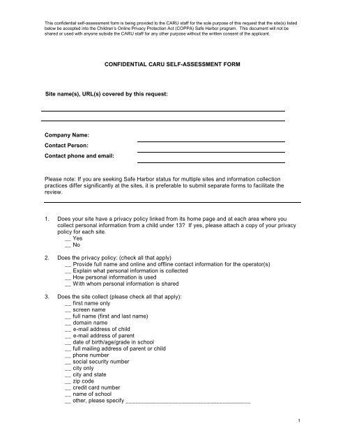 CONFIDENTIAL CARU SELF-ASSESSMENT FORM Site name(s ...