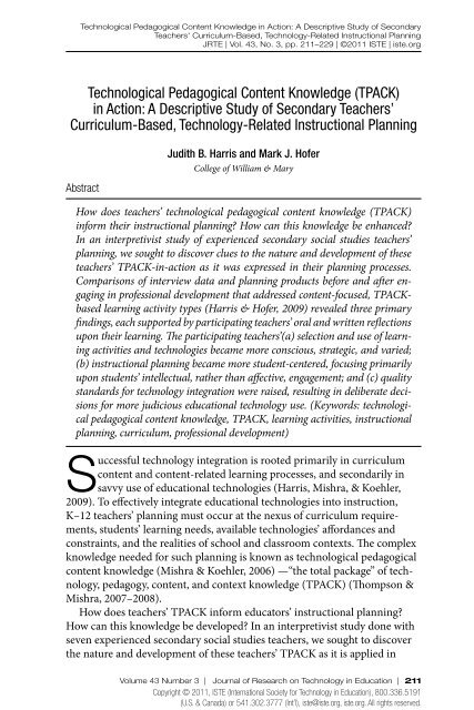 Technological Pedagogical Content Knowledge (TPACK) in ... - Eric