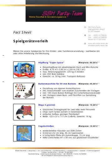 Fact Sheet Spielgeräteverleih - SSH Party-Team