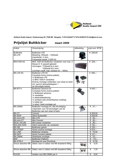 Prijslijst Buttkicker - Holland Audio Import